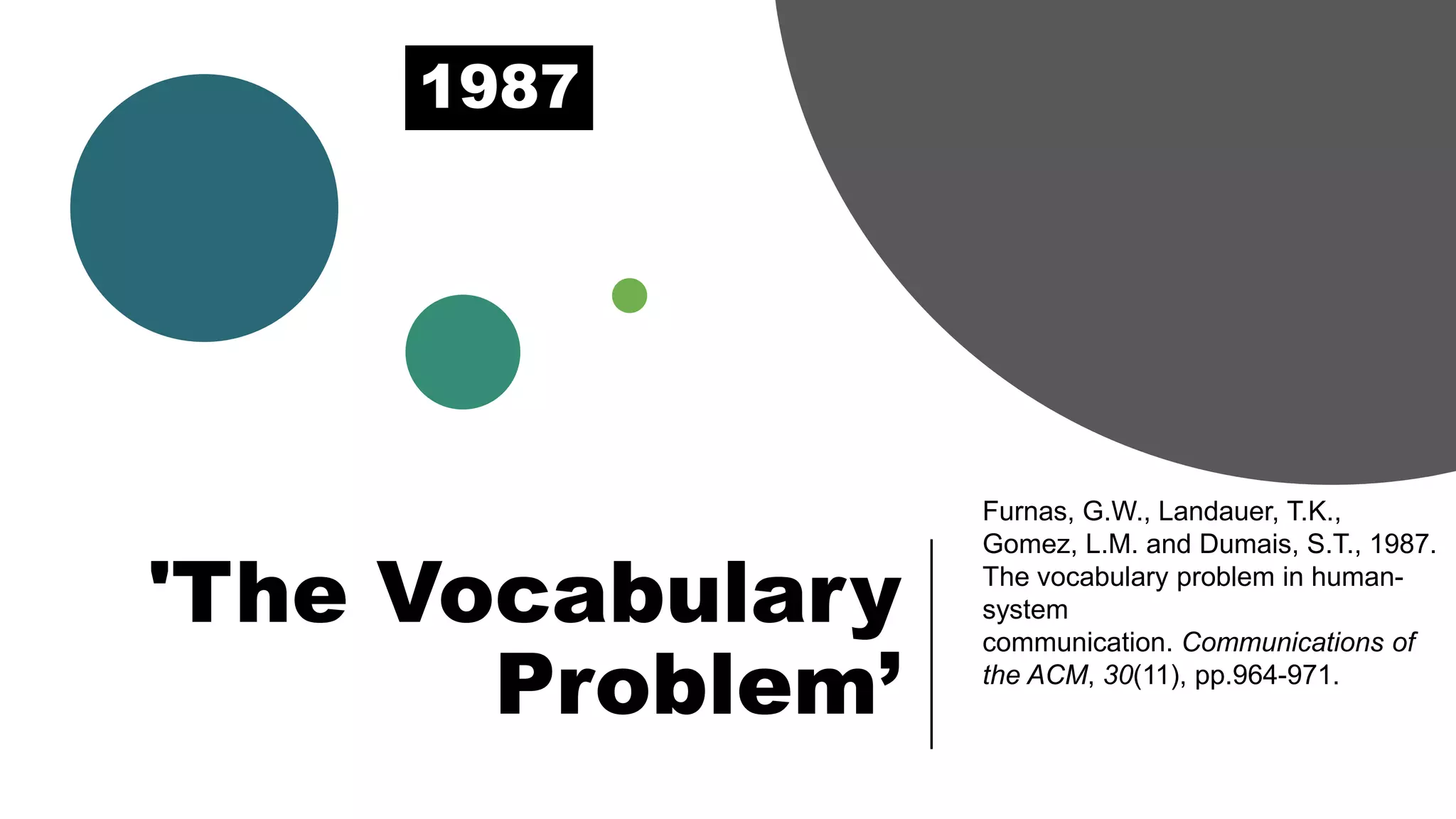 'The Vocabulary
Problem’
Furnas, G.W., Landauer, T.K.,
Gomez, L.M. and Dumais, S.T., 1987.
The vocabulary problem in human-
system
communication. Communications of
the ACM, 30(11), pp.964-971.
1987
 