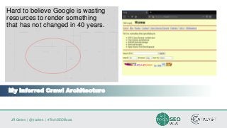JR Oakes | @jroakes | #TechSEOBoost
My Inferred Crawl Architecture
Hard to believe Google is wasting
resources to render something
that has not changed in 40 years.
 