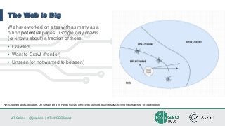 JR Oakes | @jroakes | #TechSEOBoost
The Web is Big
We have worked on sites with as many as a
billion potential pages. Google only crawls
(or knows about) a fraction of those.
• Crawled
• Want to Crawl (frontier)
• Unseen (or not wanted to be seen)
Ref: [Crawling and Duplicates, Chris Manning and Pandu Nayak] (http://web.stanford.edu/class/cs276/19handouts/lecture18-crawling.ppt)
 