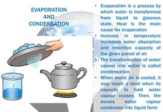 EVAPORATION
AND
CONDENSATION
• Evaporation is a process by
which water is transformed
from liquid to gaseous
state. Heat is the main
cause for evaporation
• Increase in temperature
increases water absorption
and retention capacity of
the given parcel of air
• The transformation of water
vapour into water is called
condensation
• When moist air is cooled, it
may reach a level when its
capacity to hold water
vapour ceases. Then, the
excess water vapour
condenses into liquid form
 