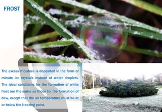 FROST
The excess moisture is deposited in the form of
minute ice crystals instead of water droplets.
The ideal conditions for the formation of white
frost are the same as those for the formation of
dew, except that the air temperature must be at
or below the freezing point.
 