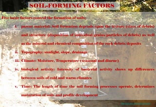 SOIL-FORMING FACTORS
Five basic factors control the formation of soils:
i. parent material: Soil formation depends upon the texture (sizes of debris)
and structure (disposition of individual grains/particles of debris) as well
as the mineral and chemical composition of the rock debris/deposits
ii. Topography: sunlight, slope, drainage
iii. Climate: Moisture, Temperature (seasonal and diurne)
iv. biological activity: Intensity of bacterial activity shows up differences
between soils of cold and warm climates
v. Time: The length of time the soil forming processes operate, determines
maturation of soils and profile development
http://css.wsu.edu/research/soils/
 