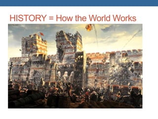 HISTORY = How the World Works
• PROCESS OF CHANGE
• ECONOMIC
• SOCIAL
• POLITICAL
• HOW IS YOUR WORLD CHANGING?
 