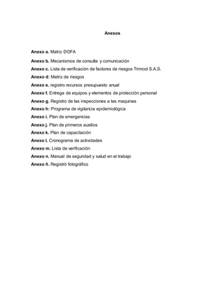 Anexos
Anexo a. Matriz DOFA
Anexo b. Mecanismos de consulta y comunicación
Anexo c. Lista de verificación de factores de riesgos Trimcol S.A.S.
Anexo d: Matriz de riesgos
Anexo e. registro recursos presupuesto anual
Anexo f. Entrega de equipos y elementos de protección personal
Anexo g. Registro de las inspecciones a las maquinas
Anexo h: Programa de vigilancia epidemiológica
Anexo i. Plan de emergencias
Anexo j. Plan de primeros auxilios
Anexo k. Plan de capacitación
Anexo l. Cronograma de actividades
Anexo m. Lista de verificación
Anexo n. Manual de seguridad y salud en el trabajo
Anexo ñ. Registró fotográfico
 