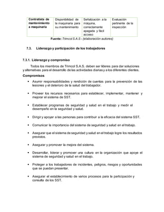 Contratista de
mantenimiento
a maquinaria
Disponibilidad de
la maquinaria para
su mantenimiento
Señalización a la
máquina,
correctamente
apagada y fácil
acceso
Evaluación
pertinente de la
inspección
Fuente:Trimcol S.A.S - (elaboración autores)
7.3. Liderazgo y participación de los trabajadores
7.3.1. Liderazgo y compromiso
Todos los miembros de Trimcol S.A.S. deben ser líderes para dar soluciones
y alternativas para el desarrollo de las actividades diariasy a los diferentes clientes.
Compromisos
 Asumir responsabilidades y rendición de cuentas para la prevención de las
lesiones y el deterioro de la salud del trabajador.
 Proveer los recursos necesarios para establecer, implementar, mantener y
mejorar el sistema de SST.
 Establecer programas de seguridad y salud en el trabajo y medir el
desempeño en la seguridad y salud.
 Dirigir y apoyar a las personas para contribuir a la eficacia del sistema SST.
 Comunicar la importancia del sistema de seguridad y salud en el trabajo.
 Asegurar que el sistema de seguridad y salud en el trabajo logre los resultados
previstos.
 Asegurar y promover la mejora del sistema.
 Desarrollar, liderar y promover una cultura en la organización que apoye el
sistema de seguridad y salud en el trabajo.
 Proteger a los trabajadores de incidentes, peligros, riesgos y oportunidades
que se puedan presentar.
 Asegurar el establecimiento de varios procesos para la participación y
consulta de los SST.
 