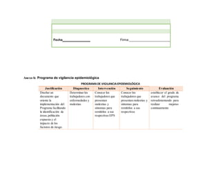 Fecha Firma:
Anexo h: Programa de vigilancia epidemiológica
PROGRAMADE VIGILANCIAEPIDEMIOLÓGICA
Justificación Diagnostico Intervención Seguimiento Evaluación
Diseñar un
documento que
oriente la
implementación del
Programa facilitando
la identificación de
áreas,población
expuesta y el
impacto de los
factores de riesgo.
Determinar los
trabajadores con
enfermedades y
molestias
Conocer los
trabajadores que
presentan
molestias y
síntomas para
remitirlos a sus
respectivas EPS
Conocer los
trabajadores que
presentan molestias y
síntomas para
remitirlos a sus
respectivas
establecer el grado de
avance del programa
retroalimentando para
realizar mejoras
continuamente
 