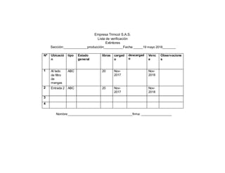 Empresa Trimcol S.A.S.
Lista de verificación
Extintores
Sección: producción Fecha: 19 mayo 2018
Nº Ubicació
n
tipo Estado
general
libras cargad
o
descargad
o
Venc
e
Observacione
s
1 Al lado
de filtro
de
mangas
ABC 20 Nov-
2017
Nov-
2018
2 Entrada 2 ABC 20 Nov-
2017
Nov-
2018
3
4
Nombre: firma:
 