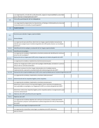 ¿La organización, a través de sualta dirección, asigna la responsabilidad yautoridad
para informar el desempeñode la SST?
5.4.
Consulta yparticipación de los trabajadores
¿La organización proporciona los mecanismos, el tiempo, la formación ylos recursos
necesarios para la consulta yla participación?
6 PLANIFICACION
6.1.
Acciones para abordar riesgos y oportunidades
6.1.1. Generalidades
¿La organización para planificar, determina los riesgos y oportunidades necesarios de
abordar para asegurar que el sistema de gestión de la SST pueda alcanzar sus resultados
previstos?
6.1.2. Identificación de los peligros y evaluación de los riesgos y oportunidades
6.1.2.1. Identificación de peligros
¿La organización establece,implementa y mantiene procesos de identificación continua y
proactiva de los peligros?
6.1.2.2.
Evaluación de los riesgos para la SSTy otros riesgos para el sistema de gestión de la SST
La organización establece, implementa y mantiene procesos para:
evaluar los riesgos para la SSTa partir de los peligros identificados, teniendo en cuenta la
eficacia de los controles existentes?
determinar y evaluar los otros riesgos relacionados con el establecimiento,
implementación, operación y mantenimiento del sistema de gestión de la SST?
6.1.2.3. Evaluación de las oportunidades para la SST y otras oportunidades para el sistema de gestión de la SST
¿La organización establece,implementa y mantiene todos procesos?
6.1.3. Determinación de los requisitos legales y otros requisitos
¿La organización establece,implementa y mantiene procesos para:
determinar y tener acceso a los requisitos legales y otros requisitos actualizados que
sean aplicables a sus peligros, sus riesgos para la SST y su sistema de gestión de la SST?
determinar cómo estos requisitos legales y otros requisitos aplican a la organización y qué
necesita comunicarse?
6.2. Objetivos de la SSTy planificación para lograrlos
6.2.1. Objetivos de la SST
¿La organización establece objetivos de la SSTpara las funciones y niveles pertinentes
para mantener y mejorar continuamente el sistema de gestión de la SSTy el desempeño
de la SST?
6.2.2. Planificación para lograr los objetivos de la SST
¿La organización al planificar como lograr sus objetivos de la SST, determina:
qué va a hacer?
 