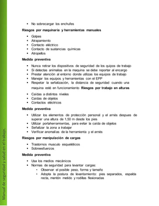  No sobrecargar los enchufes
Riesgos por maquinaria y herramientas manuales
 Golpes
 Atrapamiento
 Contacto eléctrico
 Contacto de sustancias químicas
 Atropellos
Medida preventiva
 Nunca retirar los dispositivos de seguridad de los quipos de trabajo
 Si detectas animalias en la maquina se debe reportar al encargo
 Prestar atención al entorno donde utilizas los equipos de trabajo
 Manejar los equipos y herramientas con el EPP
 Respetar la señalización, la distancia de seguridad cuando una
maquina esté en funcionamiento Riesgos por trabajo en alturas
 Caídas a distintos niveles
 Caídas de objetos
 Contactos eléctricos
Medida preventiva
 Utilizar los elementos de protección personal y el arnés despues de
superar una altura de 1,50 m desde los pies
 Utilizar portaherramientas, para evitar la caída de objetos
 Señalizar la zona a trabajar
 Verificar anomalías de la herramienta y el arnés
Riesgos por manipulación de cargas
 Trastornos musculo esqueléticos
 Sobreesfuerzos
Medida preventiva
 Usa los medios mecánicos
 Normas de seguridad para levantar cargas:
• Observar el posible peso, forma y tamaño
• Adopta la postura de levantamiento: pies separados, espalda
recta, mentón metido y rodillas flexionadas
 