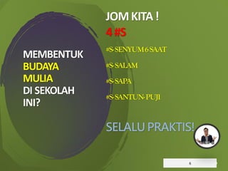 MEMBENTUK
BUDAYA
MULIA
DI SEKOLAH
INI?
6
JOMKITA!
4#S
#S-SENYUM6SAAT
#S-SALAM
#S-SAPA
#S-SANTUN-PUJI
SELALU PRAKTIS!
 