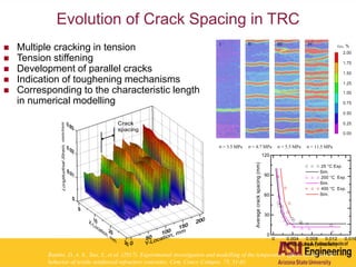 Evolution of Crack Spacing in TRC
 Multiple cracking in tension
 Tension stiffening
 Development of parallel cracks
 Indication of toughening mechanisms
 Corresponding to the characteristic length
in numerical modelling
σ = 3.5 MPa σ = 4.7 MPa σ = 5.5 MPa σ = 11.5 MPa
I II III IV
1.75
2.00
1.50
0.00
yy, %
1.25
1.00
0.75
0.50
0.25
Rambo, D. A. S., Yao, Y., et al. (2017). Experimental investigation and modelling of the temperature effects on the tensile
behavior of textile reinforced refractory concretes. Cem. Concr. Compos. 75, 51-61.
 