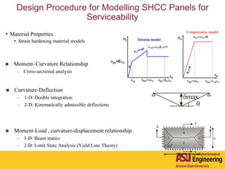 Design Procedure for Modelling SHCC Panels for
Serviceability
• Material Properties
• Strain hardening material models
 Moment-Load , curvature-displacement relationship
– 1-D: Beam statics
– 2-D: Limit State Analysis (Yield Line Theory)
1
2
3
4
b
Y
X X
Y
45
a
 Curvature-Deflection
– 1-D: Double integration
– 2-D: Kinematically admissible deflections
δmax
θ
 Moment–Curvature Relationship
– Cross-sectional analysis
 