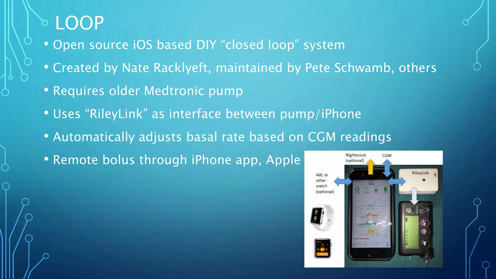 LOOP
• Open source iOS based DIY “closed loop” system
• Created by Nate Racklyeft, maintained by Pete Schwamb, others
• Requires older Medtronic pump
• Uses “RileyLink” as interface between pump/iPhone
• Automatically adjusts basal rate based on CGM readings
• Remote bolus through iPhone app, Apple Watch
 