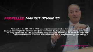 “Just look at the S&P 500. In 1958, U.S. corporations remained on that index for an average of
61 years, according to the American Enterprise Foundation. By 2011, it was 18 years. Today, companies
are being replaced on the S&P approximately every two weeks. Technology has driven this shift, and
companies that want to succeed must understand how to merge technology with strategy.”
PROPELLED MARKET DYNAMICS
John Marcante, CIO of Vanguard
VANGUARD
 