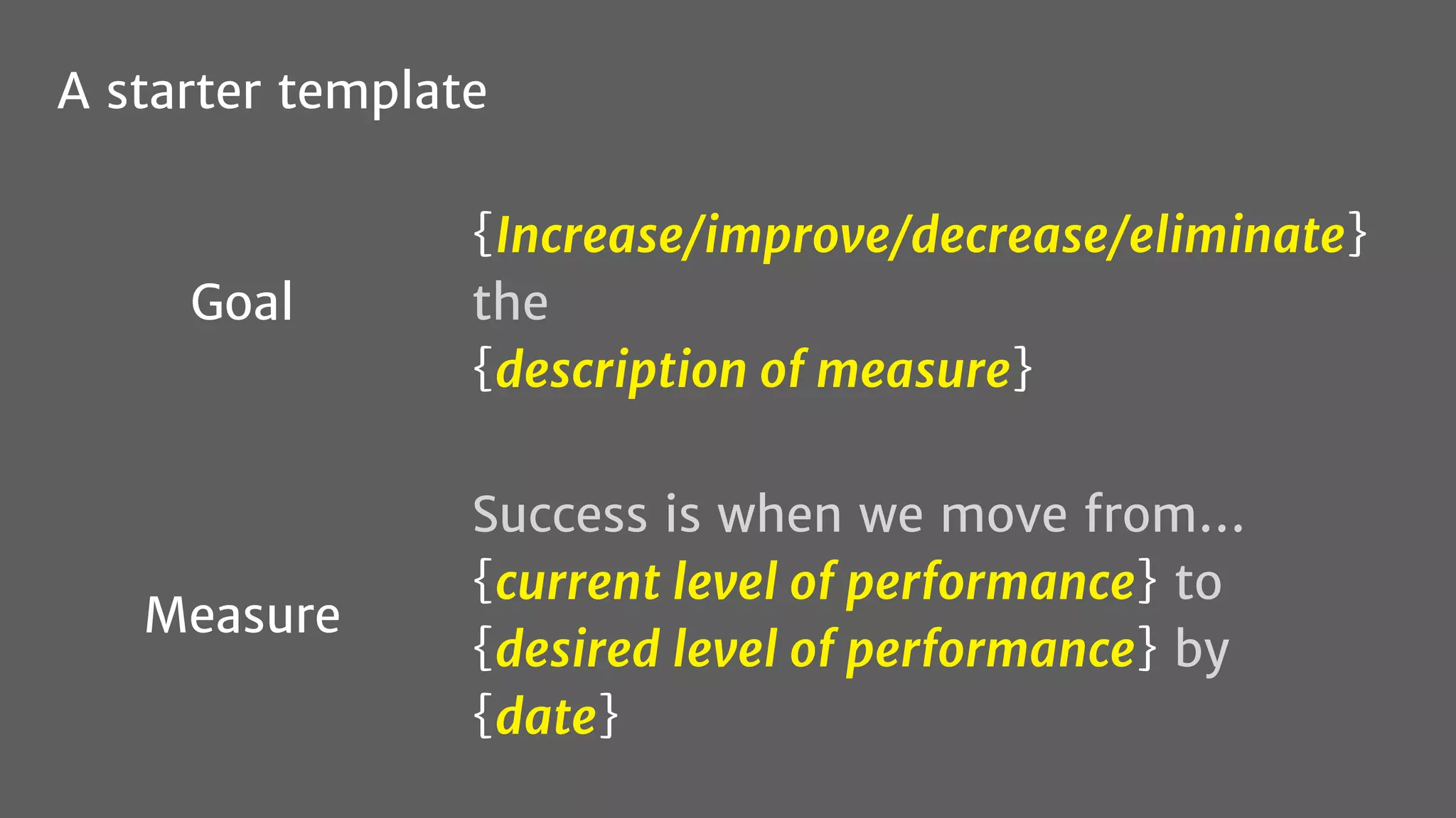 {Increase/improve/decrease/eliminate}
the
{description of measure}
Success is when we move from…
{current level of performance} to
{desired level of performance} by
{date}
Goal
Measure
A starter template
 