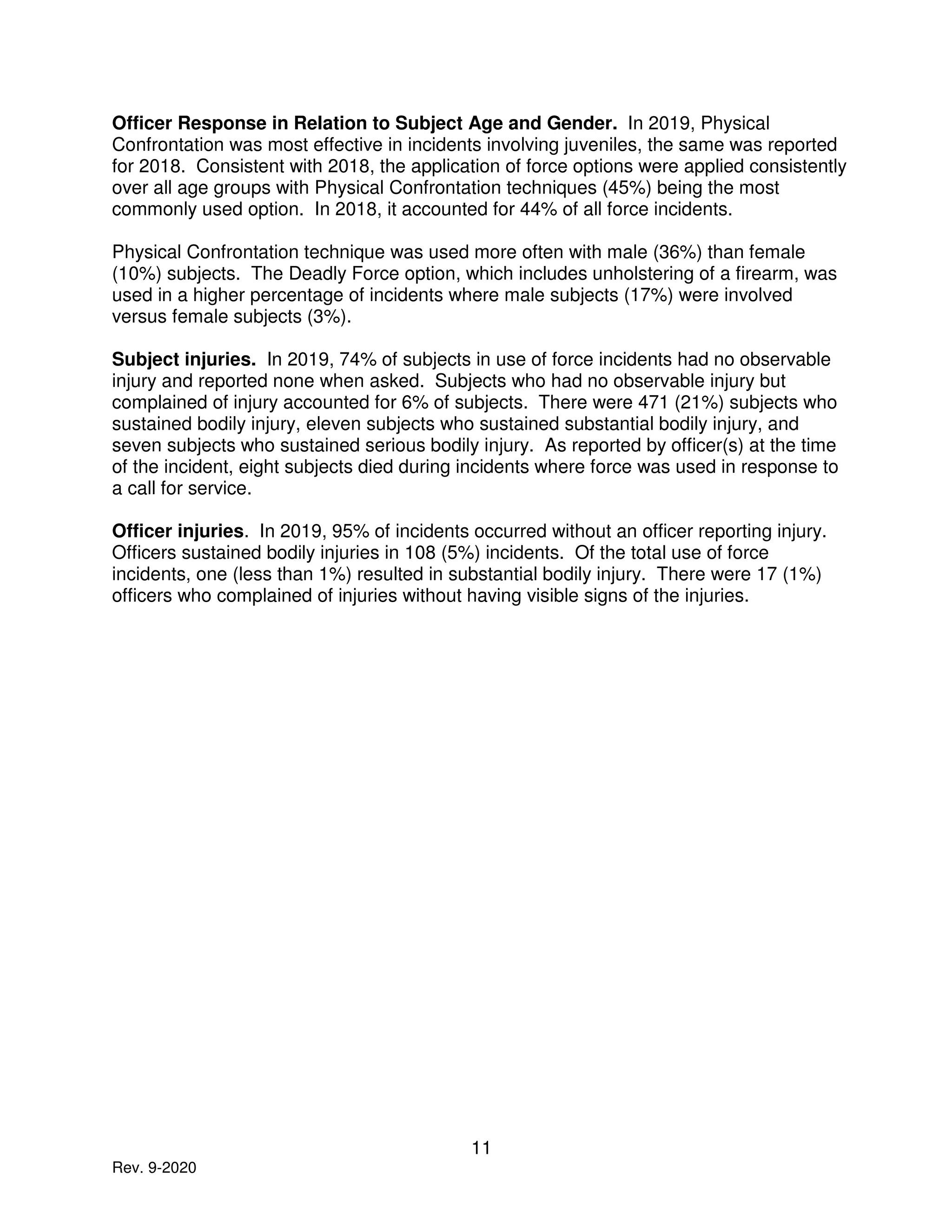 11
Rev. 9-2020
Officer Response in Relation to Subject Age and Gender. In 2019, Physical
Confrontation was most effective in incidents involving juveniles, the same was reported
for 2018. Consistent with 2018, the application of force options were applied consistently
over all age groups with Physical Confrontation techniques (45%) being the most
commonly used option. In 2018, it accounted for 44% of all force incidents.
Physical Confrontation technique was used more often with male (36%) than female
(10%) subjects. The Deadly Force option, which includes unholstering of a firearm, was
used in a higher percentage of incidents where male subjects (17%) were involved
versus female subjects (3%).
Subject injuries. In 2019, 74% of subjects in use of force incidents had no observable
injury and reported none when asked. Subjects who had no observable injury but
complained of injury accounted for 6% of subjects. There were 471 (21%) subjects who
sustained bodily injury, eleven subjects who sustained substantial bodily injury, and
seven subjects who sustained serious bodily injury. As reported by officer(s) at the time
of the incident, eight subjects died during incidents where force was used in response to
a call for service.
Officer injuries. In 2019, 95% of incidents occurred without an officer reporting injury.
Officers sustained bodily injuries in 108 (5%) incidents. Of the total use of force
incidents, one (less than 1%) resulted in substantial bodily injury. There were 17 (1%)
officers who complained of injuries without having visible signs of the injuries.
 