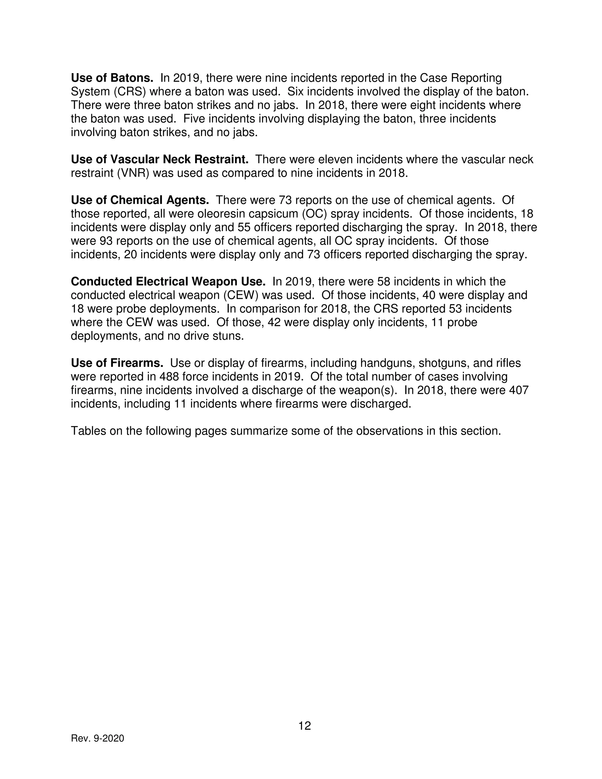 12
Rev. 9-2020
Use of Batons. In 2019, there were nine incidents reported in the Case Reporting
System (CRS) where a baton was used. Six incidents involved the display of the baton.
There were three baton strikes and no jabs. In 2018, there were eight incidents where
the baton was used. Five incidents involving displaying the baton, three incidents
involving baton strikes, and no jabs.
Use of Vascular Neck Restraint. There were eleven incidents where the vascular neck
restraint (VNR) was used as compared to nine incidents in 2018.
Use of Chemical Agents. There were 73 reports on the use of chemical agents. Of
those reported, all were oleoresin capsicum (OC) spray incidents. Of those incidents, 18
incidents were display only and 55 officers reported discharging the spray. In 2018, there
were 93 reports on the use of chemical agents, all OC spray incidents. Of those
incidents, 20 incidents were display only and 73 officers reported discharging the spray.
Conducted Electrical Weapon Use. In 2019, there were 58 incidents in which the
conducted electrical weapon (CEW) was used. Of those incidents, 40 were display and
18 were probe deployments. In comparison for 2018, the CRS reported 53 incidents
where the CEW was used. Of those, 42 were display only incidents, 11 probe
deployments, and no drive stuns.
Use of Firearms. Use or display of firearms, including handguns, shotguns, and rifles
were reported in 488 force incidents in 2019. Of the total number of cases involving
firearms, nine incidents involved a discharge of the weapon(s). In 2018, there were 407
incidents, including 11 incidents where firearms were discharged.
Tables on the following pages summarize some of the observations in this section.
 