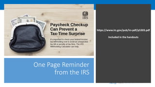 | Employer Solutions
One Page Reminder
from the IRS
https://www.irs.gov/pub/irs-pdf/p5303.pdf
Included in the handouts
 