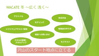 WACATE 冬 ～広く 浅く～
形式手法
モデリング
スキルの整理・
スキルアップ
ソフトウェアテスト7原則 勉強会の作り方
相談への問いかけ
アジャイル
モブテスト
沢山のスタート地点に立てる
 