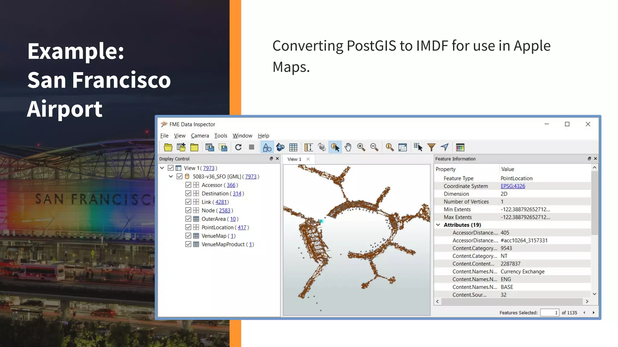Example:
San Francisco
Airport
Converting PostGIS to IMDF for use in Apple
Maps.
 