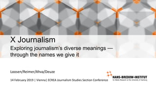 X Journalism
Exploring journalism’s diverse meanings ⏤
through the names we give it
Loosen/Reimer/Ahva/Deuze
14 February 2019 | Vienna| ECREA Journalism Studies Section Conference
 