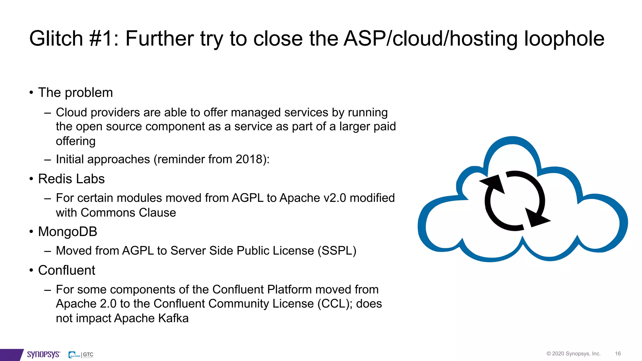 © 2020 Synopsys, Inc. 16
• The problem
– Cloud providers are able to offer managed services by running
the open source component as a service as part of a larger paid
offering
– Initial approaches (reminder from 2018):
• Redis Labs
– For certain modules moved from AGPL to Apache v2.0 modified
with Commons Clause
• MongoDB
– Moved from AGPL to Server Side Public License (SSPL)
• Confluent
– For some components of the Confluent Platform moved from
Apache 2.0 to the Confluent Community License (CCL); does
not impact Apache Kafka
Glitch #1: Further try to close the ASP/cloud/hosting loophole
 