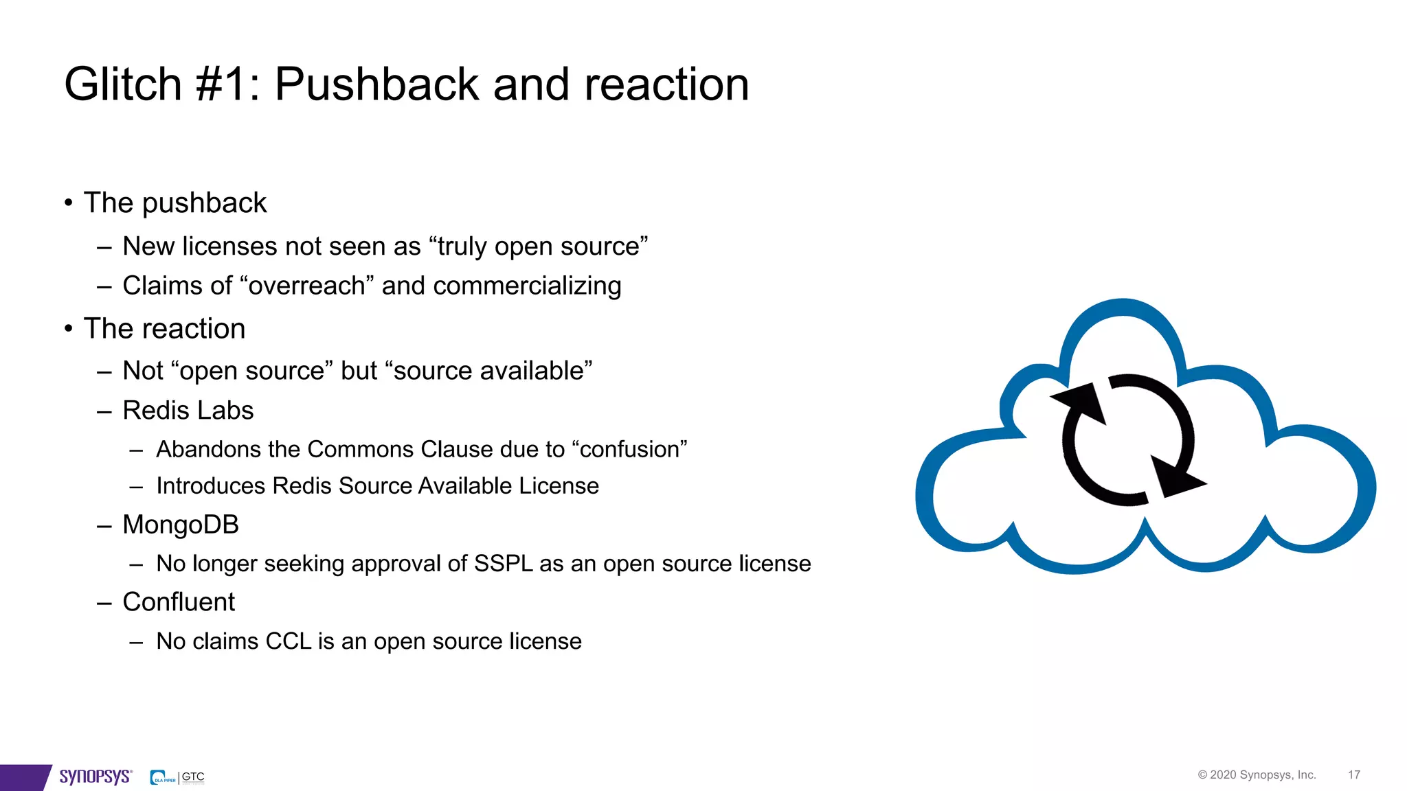 © 2020 Synopsys, Inc. 17
• The pushback
– New licenses not seen as “truly open source”
– Claims of “overreach” and commercializing
• The reaction
– Not “open source” but “source available”
– Redis Labs
– Abandons the Commons Clause due to “confusion”
– Introduces Redis Source Available License
– MongoDB
– No longer seeking approval of SSPL as an open source license
– Confluent
– No claims CCL is an open source license
Glitch #1: Pushback and reaction
 