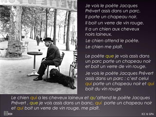Je vois le poète Jacques
Prévert assis dans un parc.
Il boit un verre de vin rouge.
Il a un chien aux cheveux
noirs laineux.
Le poète que je vois assis dans
un parc porte un chapeau noir
et boit un verre de vin rouge.
Je vois le poète Jacques Prévert
assis dans un parc : c’est celui
qui porte un chapeau noir et qui
boit du vin rouge
EOI ICC & GPA
Le chien attend le poète.
Il porte un chapeau noir.
Le chien qui a les cheveux laineux et qu’attend le poète Jacques
Prévert , que je vois assis dans un banc, qui porte un chapeau noir
et qui boit un verre de vin rouge, me plaît.
Le chien me plaît.
 