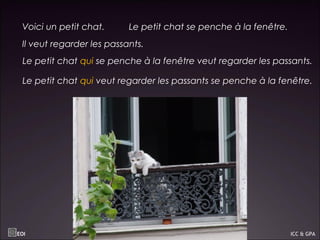 Voici un petit chat. Le petit chat se penche à la fenêtre.
Il veut regarder les passants.
Le petit chat qui se penche à la fenêtre veut regarder les passants.
Le petit chat qui veut regarder les passants se penche à la fenêtre.
EOI ICC & GPA
 