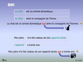 QUI
EOI ICC & GPA
Le chat est un animal domestique.
Le chat aime la compagnie de l’home.
Le chat est un animal domestique qui aime la compagnie de l’homme.

Mon père m’a fait cadeau de son appareil photo.
L’appareil a trente ans.
Mon père m’a fait cadeau de son appareil photo qui a trente ans.

 