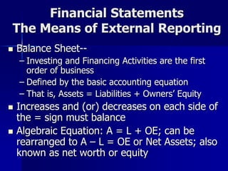 Financial Statements
The Means of External Reporting
 Balance Sheet--
– Investing and Financing Activities are the first
...