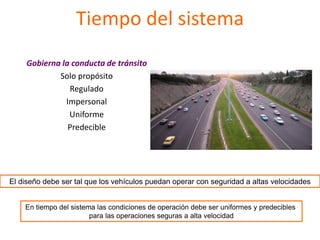 Tiempo del sistema
Gobierna la conducta de tránsito
Solo propósito
Regulado
Impersonal
Uniforme
Predecible
El diseño debe ser tal que los vehículos puedan operar con seguridad a altas velocidades
En tiempo del sistema las condiciones de operación debe ser uniformes y predecibles
para las operaciones seguras a alta velocidad
 
