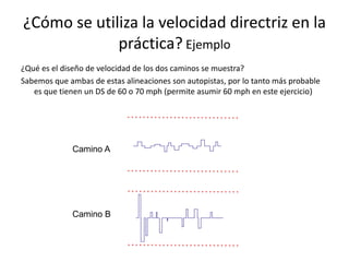 ¿Cómo se utiliza la velocidad directriz en la
práctica? Ejemplo
¿Qué es el diseño de velocidad de los dos caminos se muestra?
Sabemos que ambas de estas alineaciones son autopistas, por lo tanto más probable
es que tienen un DS de 60 o 70 mph (permite asumir 60 mph en este ejercicio)
Camino A
Camino B
 