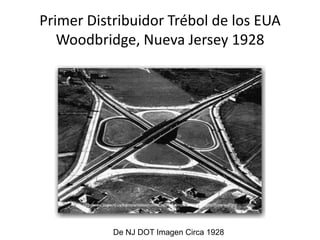 Primer Distribuidor Trébol de los EUA
Woodbridge, Nueva Jersey 1928
http://www.state.nj.us/transportation/commuter/roads/routes1935/images/cloverleaf.jpg
De NJ DOT Imagen Circa 1928
 