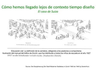 Cómo hemos llegado lejos de contexto tiempo diseño
El caso de Suiza
Source: Die Disziplinierung Der Stadt Moderner Stadtebau in Zurich 1900 bis 1940 by Daniel Kurz
Educación vial: La definición de la carretera, obligando a los peatones a comportarse.
Ilustración del manual del tráfico de Zurich, que fue distribuido a todos los niños de escuela en el año 1927
 