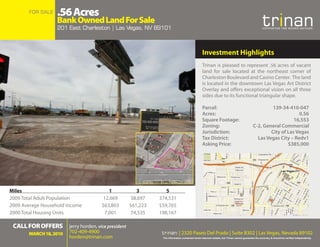 FOR SALE    .56 Acres
                   Bank Owned Land For Sale
                   201 East Charleston | Las Vegas, NV 89101                                                                                   commercial real estate services




                                                                                            Investment Highlights
                                                                                            Trinan is pleased to represent .56 acres of vacant
                                                                                            land for sale located at the northeast corner of
                                                                                            Charleston Boulevard and Casino Center. The land
                                                                                            is located in the downtown Las Vegas Art District
                                                                                            Overlay and offers exceptional vision on all three
                                                                                            sides due to its functional triangular shape.

                                                                                            Parcel:	                                            139-34-410-047
                                                                                            Acres:	                                                         0.56
                                                                                            Square	Footage:		                                             16,553
                                                                                            Zoning:		                                  C-2,	General	Commercial
                                                                                            Jurisdiction:	                                     City	of	Las	Vegas
                                                                                            Tax	District:	                               Las	Vegas	City	–	Redv1
                                                                                            Asking	Price:	                                             $385,000




Miles                                  1           3         5
2009 Total Adult Population          12,669      38,697   374,531
2009 Average Household Income       $63,803     $61,223   $59,765
2000 Total Housing Units             7,001      74,535    198,167

 CALL FOr OFFerS jerry horden, vice president
       MArCh 18, 2010   702-409-4900                       trinan | 2320 Paseo Del Prado | Suite B302 | Las Vegas, Nevada 89102
                        horden@trinan.com                  The information contained herein deemed reliable, but Trinan cannot guarantee the accuracy & should be verified independently.
 