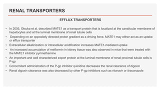 RENAL TRANSPORTERS
EFFLUX TRANSPORTERS
• In 2005, Otsuka et al. described MATE1 as a transport protein that is localized at the canalicular membrane of
hepatocytes and at the luminal membrane of renal tubule cells
• Depending on an oppositely directed proton gradient as a driving force, MATE1 may either act as an uptake
or efflux transporter
• Extracellular alkalinization or intracellular acidification increases MATE1-mediated uptake
• An increased accumulation of metformin in kidney tissue was also observed in mice that were treated with
the MATE1 inhibitor pyrimethamine
• An important and well characterized export protein at the luminal membrane of renal proximal tubule cells is
P-gp
• Concomitant administration of the P-gp inhibitor quinidine decreases the renal clearance of digoxin
• Renal digoxin clearance was also decreased by other P-gp inhibitors such as ritonavir or itraconazole
 