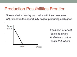 Production Possibilities Frontier
• Shows what a country can make with their resources
• AND it shows the opportunity cost of producing each good
•
• Each bale of wheat
• costs 3b cotton
• And each b cotton
• costs 1/3b wheat
 