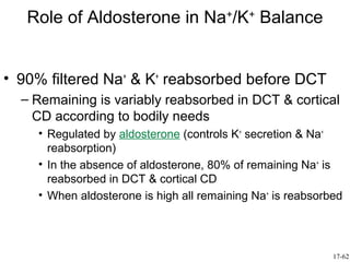 Role of Aldosterone in Na+/K+ Balance


• 90% filtered Na+ & K+ reabsorbed before DCT
  – Remaining is variably reabsorbed in DCT & cortical
    CD according to bodily needs
    • Regulated by aldosterone (controls K+ secretion & Na+
      reabsorption)
    • In the absence of aldosterone, 80% of remaining Na+ is
      reabsorbed in DCT & cortical CD
    • When aldosterone is high all remaining Na+ is reabsorbed




                                                            17-62
 
