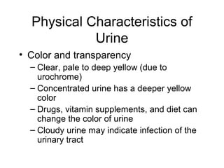 Physical Characteristics of
            Urine
• Color and transparency
  – Clear, pale to deep yellow (due to
    urochrome)
  – Concentrated urine has a deeper yellow
    color
  – Drugs, vitamin supplements, and diet can
    change the color of urine
  – Cloudy urine may indicate infection of the
    urinary tract
 