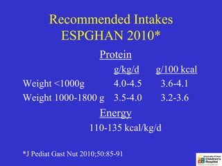Recommended Intakes
         ESPGHAN 2010*
                        Protein
                   g/kg/d           g/100 kcal
Weight <1000g      4.0-4.5           3.6-4.1
Weight 1000-1800 g 3.5-4.0           3.2-3.6
                        Energy
                     110-135 kcal/kg/d

*J Pediat Gast Nut 2010;50:85-91
 