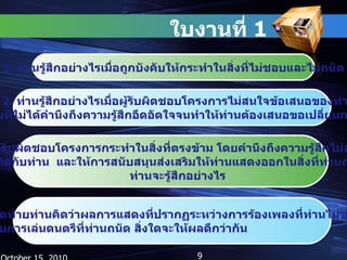 ใบงานที่  1 October 15, 2010 1.  ท่านรู้สึกอย่างไรเมื่อถูกบังคับให้กระทำในสิ่งที่ไม่ชอบและไม่ถนัด 2.  ท่านรู้สึกอย่างไรเมื่อผู้รับผิดชอบโครงการไม่สนใจข้อเสนอของท่าน  โดยที่ไม่ได้คำนึงถึงความรู้สึกอึดอัดใจจนทำให้ท่านต้องเสนอขอเปลี่ยนการแสดง   3.  หากผู้รับผิดชอบโครงการกระทำในสิ่งที่ตรงข้าม โดยคำนึงถึงความรู้สึกไม่สบายใจ ที่เกิดกับท่าน  และให้การสนับสนุนส่งเสริมให้ท่านแสดงออกในสิ่งที่ท่านถนัด  ท่านจะรู้สึกอย่างไร 4.  สุดท้ายท่านคิดว่าผลการแสดงที่ปรากฏระหว่างการร้องเพลงที่ท่านไม่ชอบ  กับการเล่นดนตรีที่ท่านถนัด สิ่งใดจะให้ผลดีกว่ากัน   