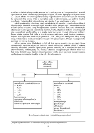 „Projekt współfinansowany ze środków Europejskiego Funduszu Społecznego”
8
wrażliwa na światło, dlatego mleko powinno być przechowywane w ciemnym miejscu i w takich
opakowaniach, które zabezpieczają przed jego dostępem. W mleku występuje także prowitamina
A – karoten. Mleko zawiera wszystkie witaminy rozpuszczalne w wodzie z wyjątkiem witaminy
C, która może być obecna tylko w niewielkiej ilości w okresie letnim. Jest dobrym źródłem
ryboflawiny (witaminy B2), która podobnie jak witamina A jest wrażliwa na światło.
Jakość mleka zależy głównie od rasy i zdrowia krów, ich sposobu żywienia, okresu laktacji,
higieny udoju, procesów technologicznych produkcji mleka spożywczego i obrotu towarowego.
Badanie jakości to ocena, której podlega badanie czystości, świeżości mleka oraz laboratoryjna
obejmująca badanie gęstości i zawartości tłuszczu, białka, obecności środków konserwujących
oraz pozostałości antybiotyków, a w mleku pasteryzowanym również obecności fosfatazy.
Barwa mleka powinna być biała, z jasnokremowym odcieniem, smak łagodny, przyjemny.
Gęstość mleka powinna wahać się w granicach 1,028-1,033 g/cm³. Odchylenia od tej normy
mogą wskazywać na zafałszowania (rozcieńczenie lub odtłuszczenie). Odczyn świeżego mleka
powinien być prawie obojętny.
Mleko surowe poza składnikami, o których jest mowa powyżej, zawiera także liczne
drobnoustroje, zarówno pożyteczne (bakterie kwasu mlekowego, niektóre pleśnie i niektóre
drożdże), szkodliwe (bakterie saprofityczne, pleśnie, drożdże) jak i niebezpieczne (bakterie
chorobotwórcze, bakterie grupy coli, wirusy). Obecność szczególnie tych ostatnich musi więc
być ściśle kontrolowana. Oprócz mikroorganizmów mleko może zawierać zanieczyszczenia
mechaniczne, pozostałości środków myjących i dezynfekujących.
Rys.1. Schemat produkcji mleka i śmietanki [opracowanie własne]
odbiór mleka
chłodzenie
wirowanie
mleko śmietanka
normalizacja zawartości tłuszczu
− 0,05%
− 0.5%
− 1,5%
− 2%
− 3,2%
homogenizacja
pasteryzacja lub sterylizacja
chłodzenie
rozlew do opakowań handlowych
normalizacja zawartości
tłuszczu
− 9%
− 12%
− 18%
− 20%
− 30%
− 36%
homogenizacja
pasteryzacja
chłodzenie
rozlew do opakowań
handlowych
 