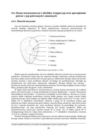 „Projekt współfinansowany ze środków Europejskiego Funduszu Społecznego”
23
4.4. Ocena towaroznawcza i obróbka wstępna jaj oraz sporządzanie
potraw z jaj gotowanych i smażonych
4.4.1. Materiał nauczania
Jajo jest komórką rozrodczą ptaków. Zawiera wszystkie składniki odżywcze potrzebne do
rozwoju młodego organizmu. W Polsce podstawowym surowcem przeznaczonym do
bezpośredniego spożycia są jaja kurze, mniejsze znaczenie mają jaja przepiórcze czy strusie.
Rys.2. Budowa jaja [na podst. 6, s.248]
Budowa jaja jest niejednorodna, tak wiec składniki odżywcze również nie są rozmieszczone
jednakowo. Zewnętrzną częścią jaja jest wapienna skorupa, stanowiąca ochronę mechaniczną,
porowata, dzięki czemu możliwa jest wymiana gazowa. Zabarwienie skorupy zależy od rasy kur,
sposobu żywienia i może przybierać odcienie od białego do jasnobrązowego. Skorupka jaj
przepiórczych jest biało-szara, intensywnie nakrapiana. Skorupa pokryta jest mucyną –
proteinową otoczką, która jest naturalną barierą ochronną. Pod skorupą znajdują się dwie cienkie
błony, przepuszczalne dla gazów, wody i elektrolitów.
W tępym końcu jaja błony te rozwarstwiają się, tworząc komorę powietrzną. Jej wielkość
zależy od świeżości jaja i w miarę przedłużania się okresu składowania – wzrasta. Wewnętrzna
błona białkowa otacza białko – 4-warstwowy, koloidalny roztwór białkowy. Warstwy te, to dwie
warstwy białka rzadkiego przedzielone warstwą białka gęstego, oraz cienka warstwa białka
chalazotwórczego, która znajduje się najbliżej żółtka. Białko jaja zawiera 87,8 % wody, 10,8 %
białka, 0,6 % składników mineralnych, witaminy z grupy B. W centralnym miejscu jaja
położone jest żółtko, utrzymywane przez chalazy, otoczone błoną witelinową. Jego barwa zależy
od rasy i sposobu karmienia kur, może przybierać odcienie od jasnożółtego do czerwono-
pomarańczowego. Na jego powierzchni widoczna jest tarczka zarodkowa. Żółtko jest
najwartościowszą częścią jaja. Zawiera niecałe 50 % wody, 16,3 % białka, prawie 40 %
zemulgowanego tłuszczu o dużej ilości cholesterolu, 1,7 % składników mineralnych, witaminy
A, D, E, K, witaminy z grupy B i karoten.
Wartość biologiczna białka jaj jest najwyższa i jest ono całkowicie przyswajalne. Białko jaja
kurzego uznane zostało za wzorcowe w prawidłowym żywieniu człowieka. Składniki mineralne,
1. komora powietrzna
2. błony: podskorupowa i białkowa
3. tarczka zarodkowa
4. żółtko
5. błona żółtkowa
6. chalaza
7. białko
8. skorupa
 