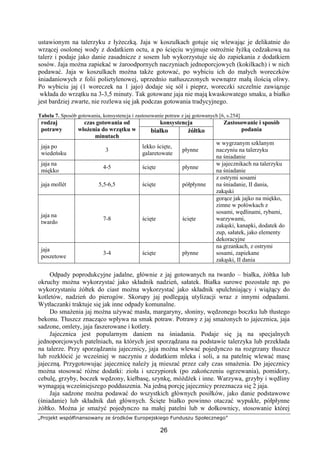 „Projekt współfinansowany ze środków Europejskiego Funduszu Społecznego”
26
ustawionym na talerzyku z łyżeczką. Jaja w koszulkach gotuje się wlewając je delikatnie do
wrzącej osolonej wody z dodatkiem octu, a po ścięciu wyjmuje ostrożnie łyżką cedzakową na
talerz i podaje jako danie zasadnicze z sosem lub wykorzystuje się do zapiekania z dodatkiem
sosów. Jaja można zapiekać w żaroodpornych naczyniach jednoporcjowych (kokilkach) i w nich
podawać. Jaja w koszulkach można także gotować, po wybiciu ich do małych woreczków
śniadaniowych z folii polietylenowej, uprzednio natłuszczonych wewnątrz małą ilością oliwy.
Po wybiciu jaj (1 woreczek na 1 jajo) dodaje się sól i pieprz, woreczki szczelnie zawiązuje
wkłada do wrzątku na 3-3,5 minuty. Tak gotowane jaja nie mają kwaskowatego smaku, a białko
jest bardziej zwarte, nie rozlewa się jak podczas gotowania tradycyjnego.
Tabela 7. Sposób gotowania, konsystencja i zastosowanie potraw z jaj gotowanych [6, s.254]
konsystencjarodzaj
potrawy
czas gotowania od
włożenia do wrzątku w
minutach
białko żółtko
Zastosowanie i sposób
podania
jaja po
wiedeńsku
3
lekko ścięte,
galaretowate
płynne
w wygrzanym szklanym
naczyniu na talerzyku
na śniadanie
jaja na
miękko
4-5 ścięte płynne
w jajecznikach na talerzyku
na śniadanie
jaja mollét 5,5-6,5 ścięte półpłynne
z ostrymi sosami
na śniadanie, II dania,
zakąski
jaja na
twardo
7-8 ścięte ścięte
gorące jak jajko na miękko,
zimne w połówkach z
sosami, wędlinami, rybami,
warzywami,
zakąski, kanapki, dodatek do
zup, sałatek, jako elementy
dekoracyjne
jaja
poszetowe
3-4 ścięte płynne
na grzankach, z ostrymi
sosami, zapiekane
zakąski, II dania
Odpady poprodukcyjne jadalne, głównie z jaj gotowanych na twardo – białka, żółtka lub
okruchy można wykorzystać jako składnik nadzień, sałatek. Białka surowe pozostałe np. po
wykorzystaniu żółtek do ciast można wykorzystać jako składnik spulchniający i wiążący do
kotletów, nadzień do pierogów. Skorupy jaj podlegają utylizacji wraz z innymi odpadami.
Wytłaczanki traktuje się jak inne odpady komunalne.
Do smażenia jaj można używać masła, margaryny, słoniny, wędzonego boczku lub tłustego
bekonu. Tłuszcz znacząco wpływa na smak potraw. Potrawy z jaj smażonych to jajecznica, jaja
sadzone, omlety, jaja faszerowane i kotlety.
Jajecznica jest popularnym daniem na śniadania. Podaje się ją na specjalnych
jednoporcjowych patelniach, na których jest sporządzana na podstawie talerzyka lub przekłada
na talerze. Przy sporządzaniu jajecznicy, jaja można wlewać pojedynczo na rozgrzany tłuszcz
lub rozkłócić je wcześniej w naczyniu z dodatkiem mleka i soli, a na patelnię wlewać masę
jajeczną. Przygotowując jajecznicę należy ją mieszać przez cały czas smażenia. Do jajecznicy
można stosować różne dodatki: zioła i szczypiorek (po zakończeniu ogrzewania), pomidory,
cebulę, grzyby, boczek wędzony, kiełbasę, szynkę, móżdżek i inne. Warzywa, grzyby i wędliny
wymagają wcześniejszego podduszenia. Na jedną porcję jajecznicy przeznacza się 2 jaja.
Jaja sadzone można podawać do wszystkich głównych posiłków, jako danie podstawowe
(śniadanie) lub składnik dań głównych. Ścięte białko powinno otaczać wypukłe, półpłynne
żółtko. Można je smażyć pojedynczo na małej patelni lub w dołkownicy, stosowanie której
 