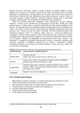 „Projekt współfinansowany ze środków Europejskiego Funduszu Społecznego”
32
dekoruje świeżymi warzywami, ziołami, owocami (zależnie od smaku), podaje z sosami.
Budynie kroi się pionowo na kawałki, których kształt zależy od rodzaju formy. Jeśli budyń
podawany jest jednoporcjowo, kawałki kładzie się na talerzu, lekko polewa sosem, jeśli jest
przewidziany i dekoruje jak wyżej. Oddzielnie można podać resztę sosu w sosjerce. Suflety, są
to potrawy pieczone, o bardzo delikatnej i nietrwałej strukturze. Podaje się je w naczyniach,
w których się piekły (jedno- lub wieloporcjowych) natychmiast po sporządzeniu.
Żółtko jaja posiada właściwości emulgujące, które wykorzystuje się przy produkcji
majonezu i zimnych sosów zakąskowych otrzymywanych na jego bazie. Żółtko jest trwałą
emulsją tłuszczu w białku, która w pewnych okolicznościach może przyjąć dodatkową ilość
tłuszczu. Na tej zasadzie oparta jest produkcja majonezu, którego podstawowymi składnikami są
żółtka i olej. Oprócz nich do majonezu można dodać inne składniki, polepszające jego cechy
smakowe: sok z cytryny lub ocet, sól, cukier i musztardę. Wszystkie składniki powinny mieć
temperaturę pokojową (np.20 °C). Najpierw żółtko uciera się z surowcami dodatkowymi,
a następnie, w dalszym ciągu ucierając w jedną stronę dodaje się olej, początkowo po kropli,
a następnie nieco większymi porcjami. Majonez jest używany jako zaprawa do surówek sałatek,
sos do kanapek i zakąsek oraz półprodukt do otrzymywania innych sosów zimnych – np.
tatarskiego ( z dodatkiem posiekanych marynowanych warzyw, ewentualnie siekanego jajka
chrzanu), remoulade (z dodatkiem siekanych jaj na twardo i szczypiorku), ravigotte
(z dodatkiem szpinaku). Sosy używa się do zimnych zakąsek z warzyw, jaj, mięs, wędlin, ryb,
owoców morza i do kanapek.
Tabela 8. Sposób wykorzystania właściwości jaj do sporządzania potraw [opracowanie własne]
właściwości jaj wykorzystanie w produkcji potraw
zagęszczające
całe jaja: mleczka,
żółtka: zupy kremy, zupy owocowe, mleczne, sosy
wiążące
mięsne masy mielone, masy jarskie na kotlety, pasztety, zapiekanki,
nadzienia, jaja faszerowane, potrawy z mąki
spulchniające
różnego rodzaju masy i nadzienia, omlety biszkoptowe, musy, kremy,
budynie, suflety, ciasta gotowane (kluski francuskie), ciasta pieczone
(biszkopty, bezy, serniki)
emulgujące majonez i sosy na bazie majonezu
4.5.2. Pytania sprawdzające
Odpowiadając na pytania, sprawdzisz, czy jesteś przygotowany do wykonania ćwiczeń.
1. W jaki sposób zagęszcza się potrawy przy użyciu jaj?
2. Dlaczego podczas zagęszczania, nie należy potrawy podgrzewać powyżej 80°C?
3. Do jakich potraw wykorzystuje się właściwości sklejające jaj?
4. Jak należy ubijać pianę z białek?
5. W jaki sposób można utrwalić pianę?
6. W jaki sposób wytwarza się majonez?
 