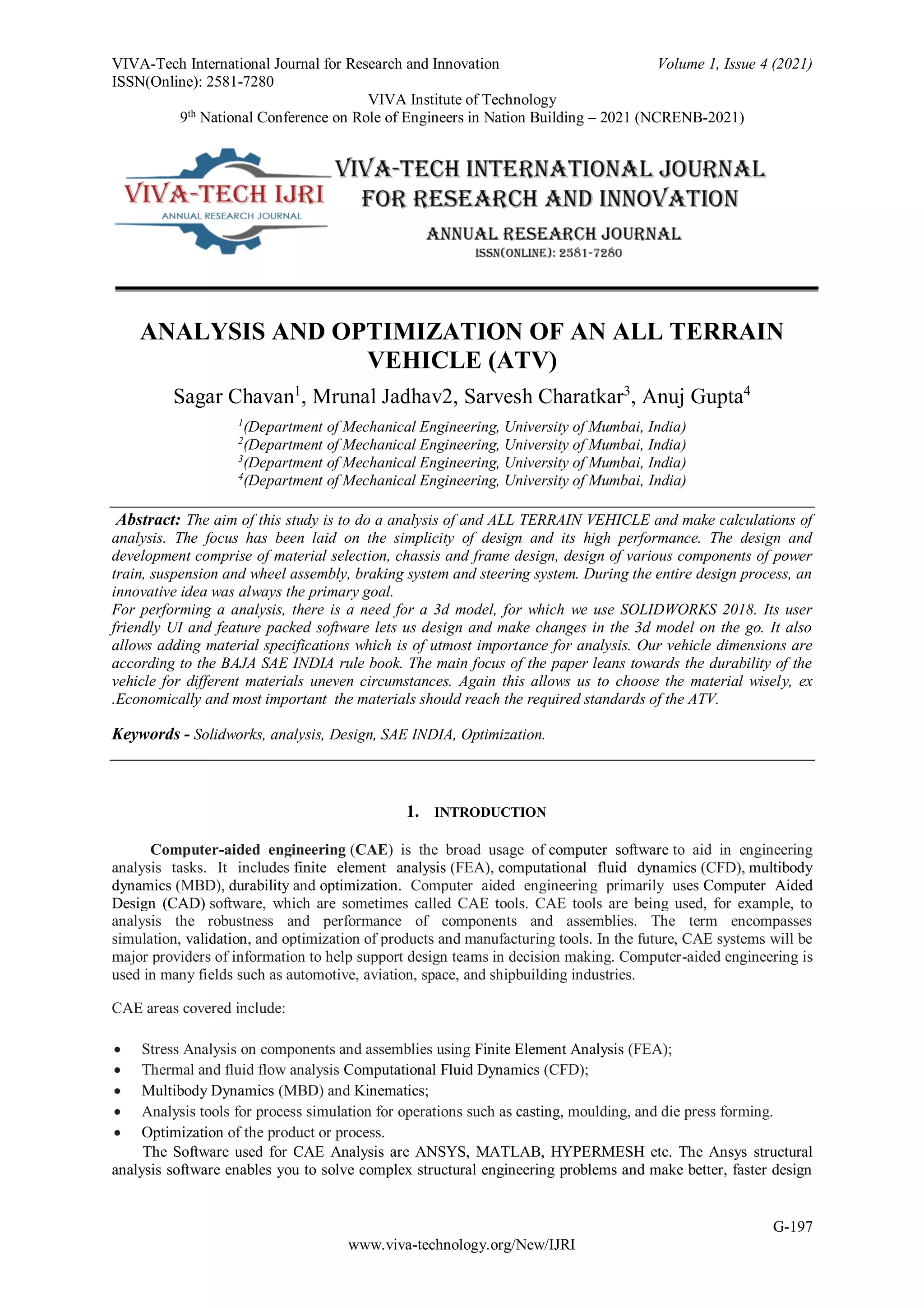 ANALYSIS AND OPTIMIZATION OF AN ALL TERRAIN VEHICLE (ATV) | PDF
