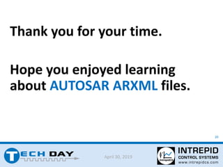 20
April 30, 2019
Thank you for your time.
Hope you enjoyed learning
about AUTOSAR ARXML files.
 