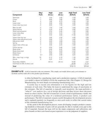 Product Specifications 107
is often facilitated by a purchasing expert and a production engineer. A bill-of-materials
cost model is shown in Exhibit 6-10 for the suspension fork. (See Chapter 13, Design for
Manufacturing, for more details on estimating manufacturing cost.)
A useful way to record cost information is to list figures for the high and low
estimates of each item. This helps the team to understand the range of uncertainty in
the estimates. The bill of materials is typically used iteratively: the team performs a
“what-if ” cost analysis for a set of design decisions and then revises these decisions
based on what it learns. The bill of materials is itself a kind of performance model, but
instead of predicting the value of a technical performance metric, it predicts cost
performance. The bill of materials remains useful throughout the development process
and is updated regularly (as frequently as once each week) to reflect the current status
of the estimated manufacturing cost.
At this point in the development process, teams developing complex products contain-
ing hundreds or thousands of parts will not generally be able to include every part in the
bill of materials. Instead, the team will list the major components and subsystems and
place bounds on their costs based on past experience or on the judgment of suppliers.
EXHIBIT 6-10 A bill of materials with cost estimates. This simple cost model allows early cost estimates to
facilitate realistic trade-offs in the product specifications.
Qty/ High Low High Total Low Total
Component Fork ($ ea.) ($ ea.) ($/fork) ($/fork)
Steertube 1 2.50 2.00 2.50 2.00
Crown 1 4.00 3.00 4.00 3.00
Boot 2 1.00 0.75 2.00 1.50
Lower tube 2 3.00 2.00 6.00 4.00
Lower tube top cover 2 2.00 1.50 4.00 3.00
Main lip seal 2 1.50 1.40 3.00 2.80
Slide bushing 4 0.20 0.18 0.80 0.72
Slide bushing spacer 2 0.50 0.40 1.00 0.80
Lower tube plug 2 0.50 0.35 1.00 0.70
Upper tube 2 5.50 4.00 11.00 8.00
Upper tube top cap 2 3.00 2.50 6.00 5.00
Upper tube adjustment knob 2 2.00 1.75 4.00 3.50
Adjustment shaft 2 4.00 3.00 8.00 6.00
Spring 2 3.00 2.50 6.00 5.00
Upper tube orifice cap 1 3.00 2.25 3.00 2.25
Orifice springs 4 0.50 0.40 2.00 1.60
Brake studs 2 0.40 0.35 0.80 0.70
Brake brace bolt 2 0.25 0.20 0.50 0.40
Brake brace 1 5.00 3.50 5.00 3.50
Oil (liters) 0.1 2.50 2.00 0.25 0.20
Misc. snap rings, o-rings 10 0.15 0.10 1.50 1.00
Decals 4 0.25 0.15 1.00 0.60
Assembly at $20/hr 30 min 20 min 10.00 6.67
Overhead at 25% of direct cost 20.84 15.74
Total $104.19 $78.68
 
