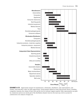 Product Specifications 115
EXHIBIT 6-13 Approximate margins for manufacturers, wholesalers, distributors, sales representatives, and
retailers. Note that these values are quite approximate. Actual margins depend on many idiosyncratic factors, including
competitive intensity, the volume of units sold, and the level of customer support required. Sales representatives are paid
by commission and are not strictly part of the distribution channel; however, the team may wish to account for
commissions in its analysis of target cost.
10 20 30 40 50 60 70 80 Percent
Price 2 Cost
Price
Gross Margin
Manufacturers
Automobiles
Computers
Appliances
Consumer electronics
Sporting goods
Industrial equipment
Medical devices
Toys
Branded packaged goods
Consumer software
Retailers
Automobile dealers
Electronics
Mass merchandisers
Department stores
Specialty retailers
Mail order
Independent Sales Representatives
Sporting goods
Industrial products
Toys
Gifts and novelties
Wholesalers/Distributors
Computers
Branded packaged goods
Industrial products—materials, supplies
Industrial products—equipment
Medical devices
 